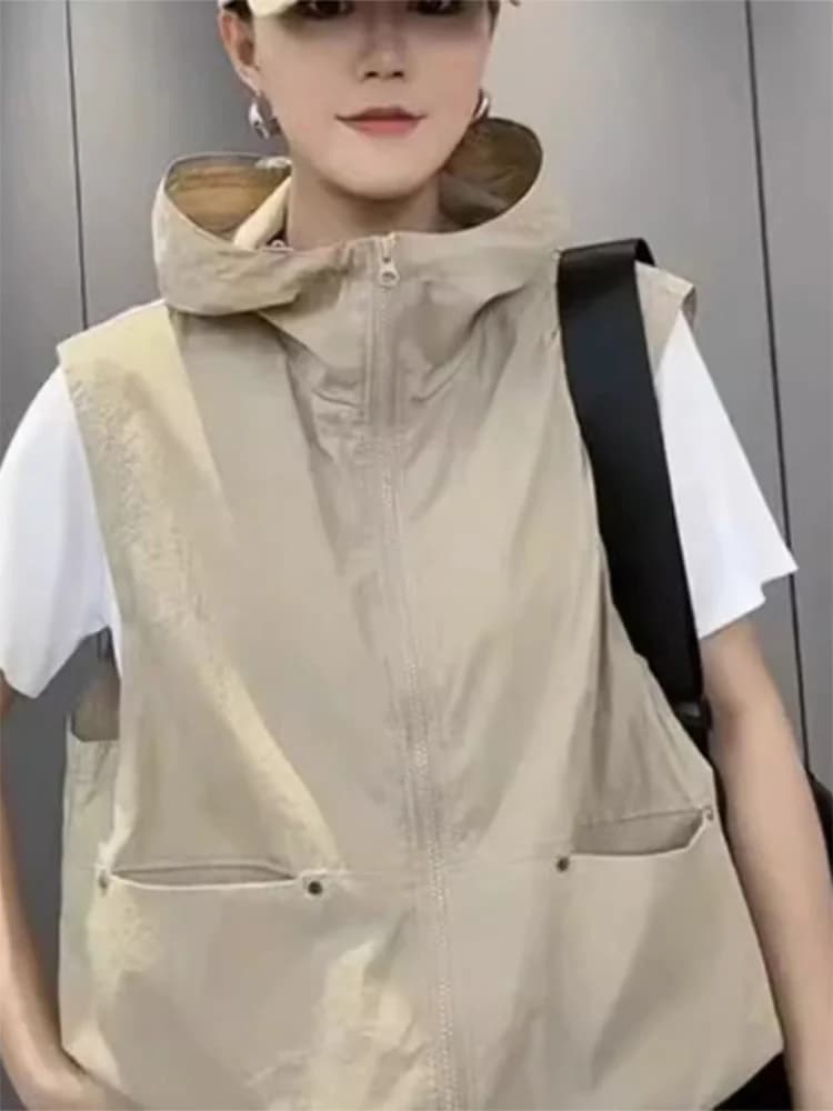 European Style Hooded Vest Women's Summer New Lightweight Loose plus Size Slimming Sleeveless Sportswear Jacket