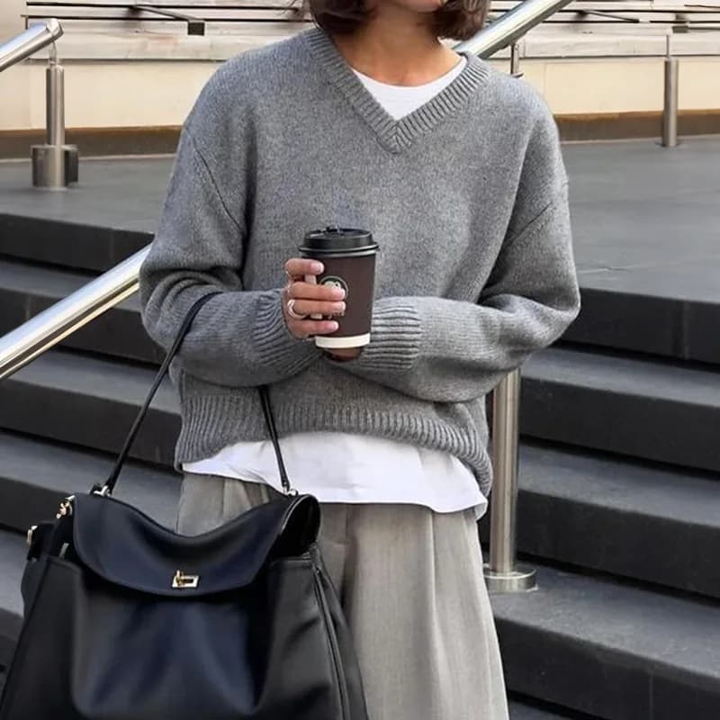 LIinar Women's Casual Minimalist Solid-Color Long-Sleeve Knitted Top 2026 Fall Winter V-Neck Loose-Fit Pullover Sweater