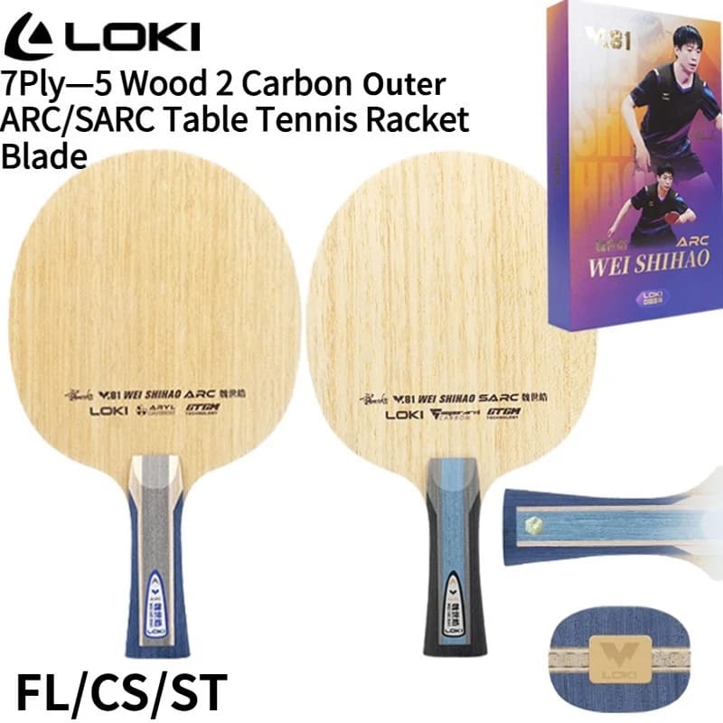 Racchetta da Ping Pong Professionale LOKI Serie W81 ARC/SARC, 5 Strati di Legno, 2 Strati Esterni in Fibra di Carbonio Aryl, Superficie Koto