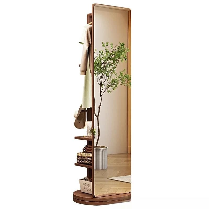 Solid Wood Swivel | 360 Rotation Full Length Standing Dressing Mirror with Storage Shelf & Hooks | Hallway Organizer Furniture