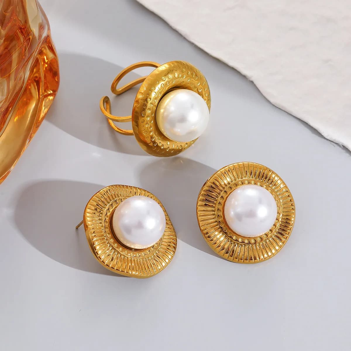 Vintage Geometric Inlay Pearl Earrings Ring Set for Women Trend Stainless Steel Luxury Jewelry Sets Party Wedding Gift