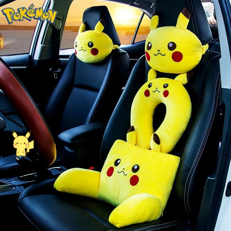 Set di 3 Cuscini per Poggiatesta Auto Pikachu, Supporto per Collo e Lombare Kawaii per Sedile Auto e Sedia da Ufficio