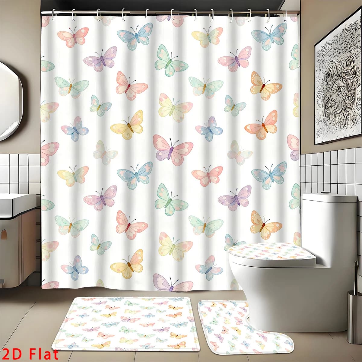 2D Flat, 4pcs Pastel 2D Bathroom Set, Featuring High-quality Bathroom Decorations and Accessories, Including a Non-slip Bath Mat, a U-shaped Floor Mat, a Toilet Seat, and a Shower Curtain with 12 Hooks.