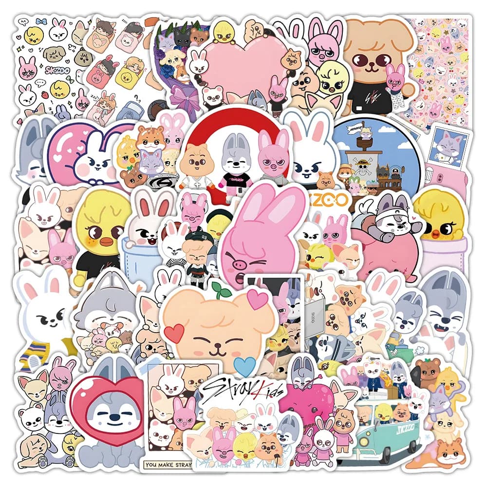 50/100 Pezzi Adesivi SKZOO Stray Kids per Bicchieri, Valigie, Quaderni, Monopattini, Cellulari - Adesivi Creativi e Carini a Cartone Animato, Giocattoli