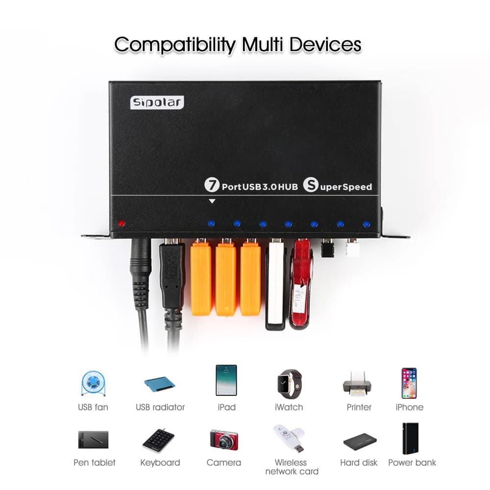 A-173 Industrial 7 Port USB 3.0 Metal Hub High Speed Splitter With 12V 3A DC Power Adapter For Phone Flashing Repair Workstation