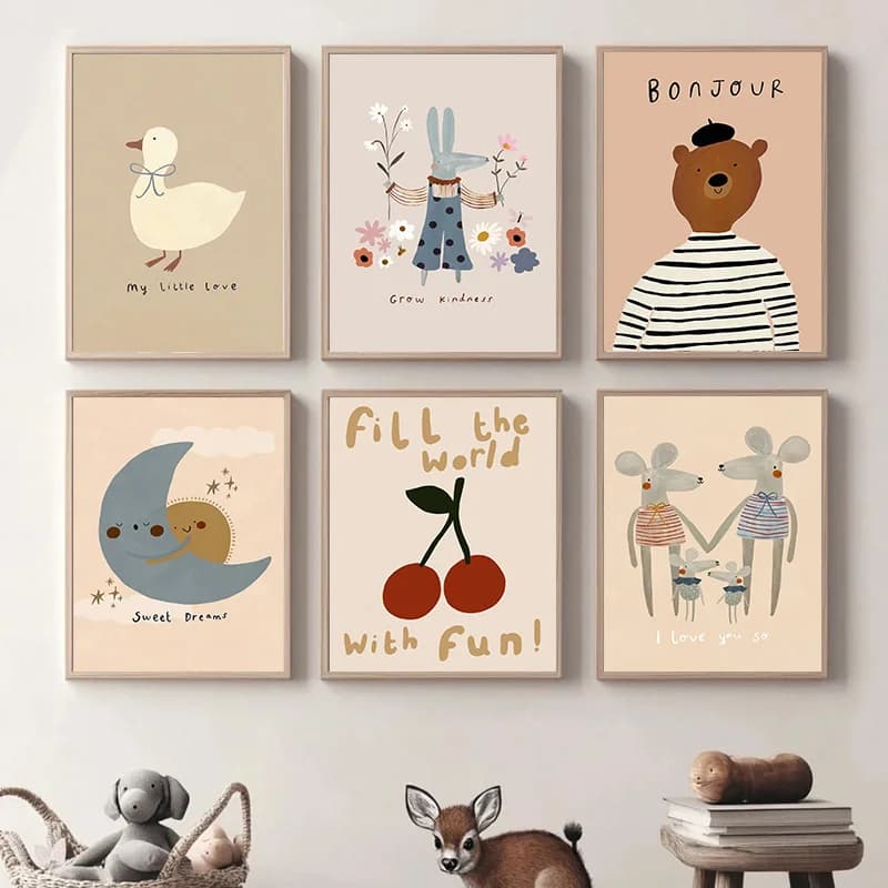 Cartoon Dog Goose Coniglio Orso Mouse Poster Animale carino Wall Art Canvas Painting Stampe Wall Art Immagini HD Baby Kids Room Decor