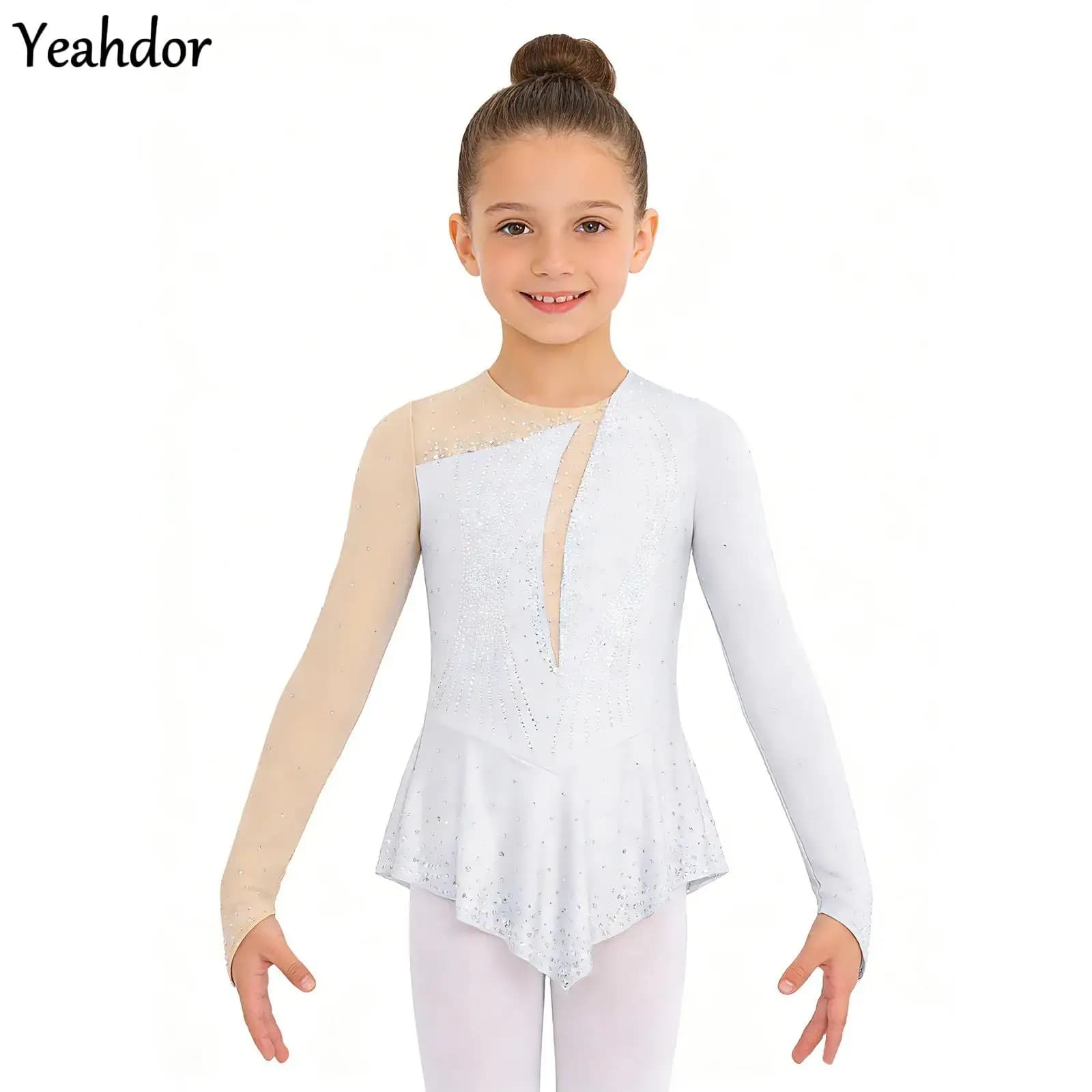 Abito da Pattinaggio Artistico per Bambine, Maniche Lunghe, Schiena con Apertura, Rete Trasparente, Applicazioni in Strass, Body per Ginnastica e Balletto