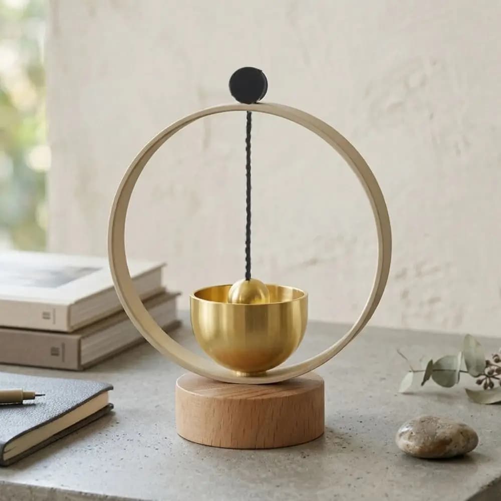Wood Base Singing Bowl Set Clear Tone Circular Frame Yoga Wind Chimes Handmade Soothing Sounds Brass Tabletop Bell