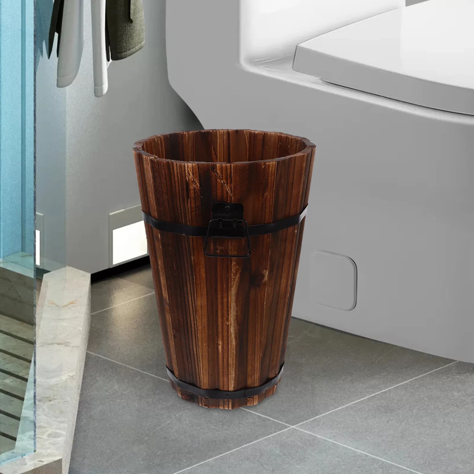 Cestino per Rifiuti in Legno di Medie Dimensioni, Stile Rustico, Contenitore Decorativo per Bagno