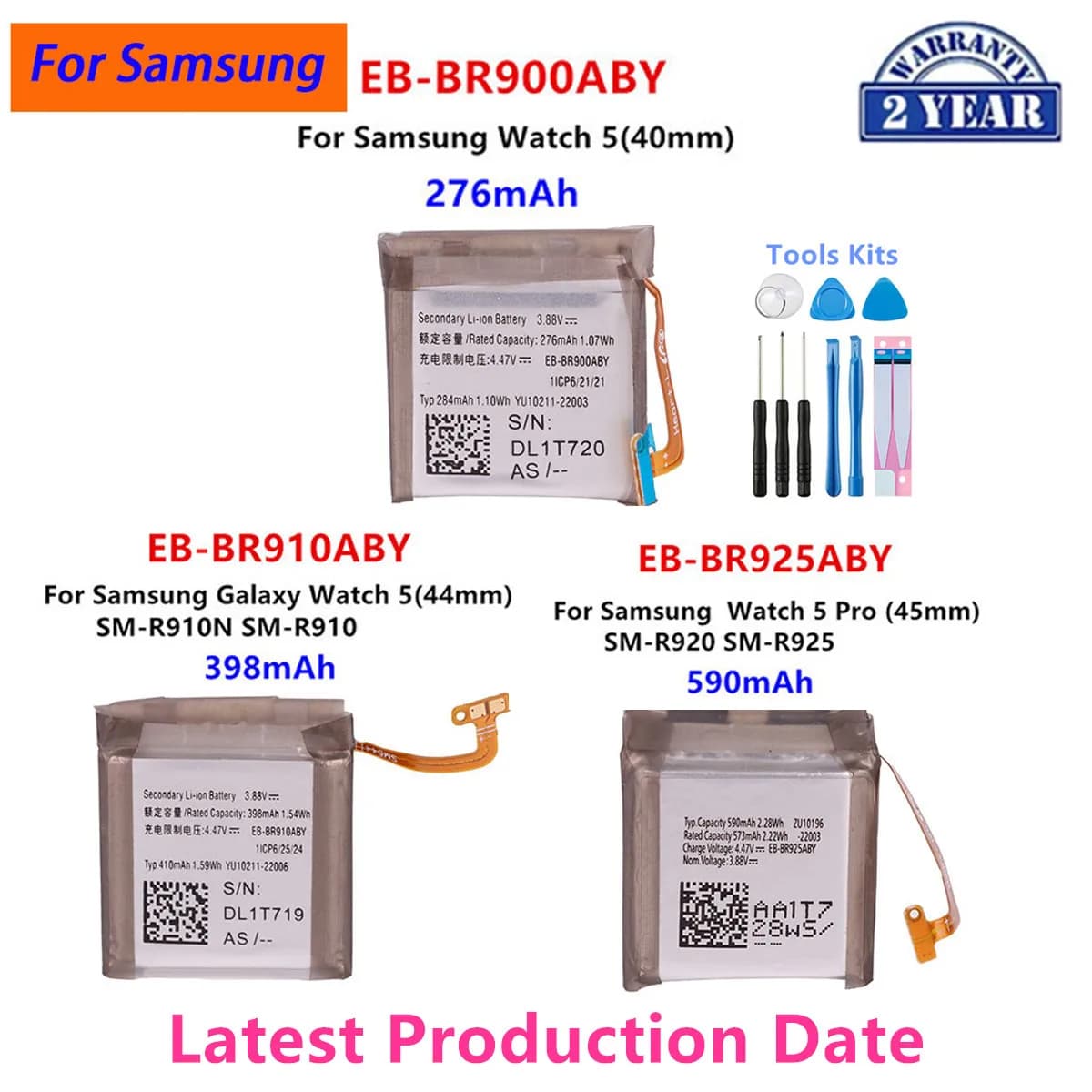 Nuovo EB-BR900ABY EB-BR910ABY EB-BR925ABY per Samsung Galaxy Watch5 40MM 44MM orologio 5 Pro 45MM Smart Watch batterie + strumenti