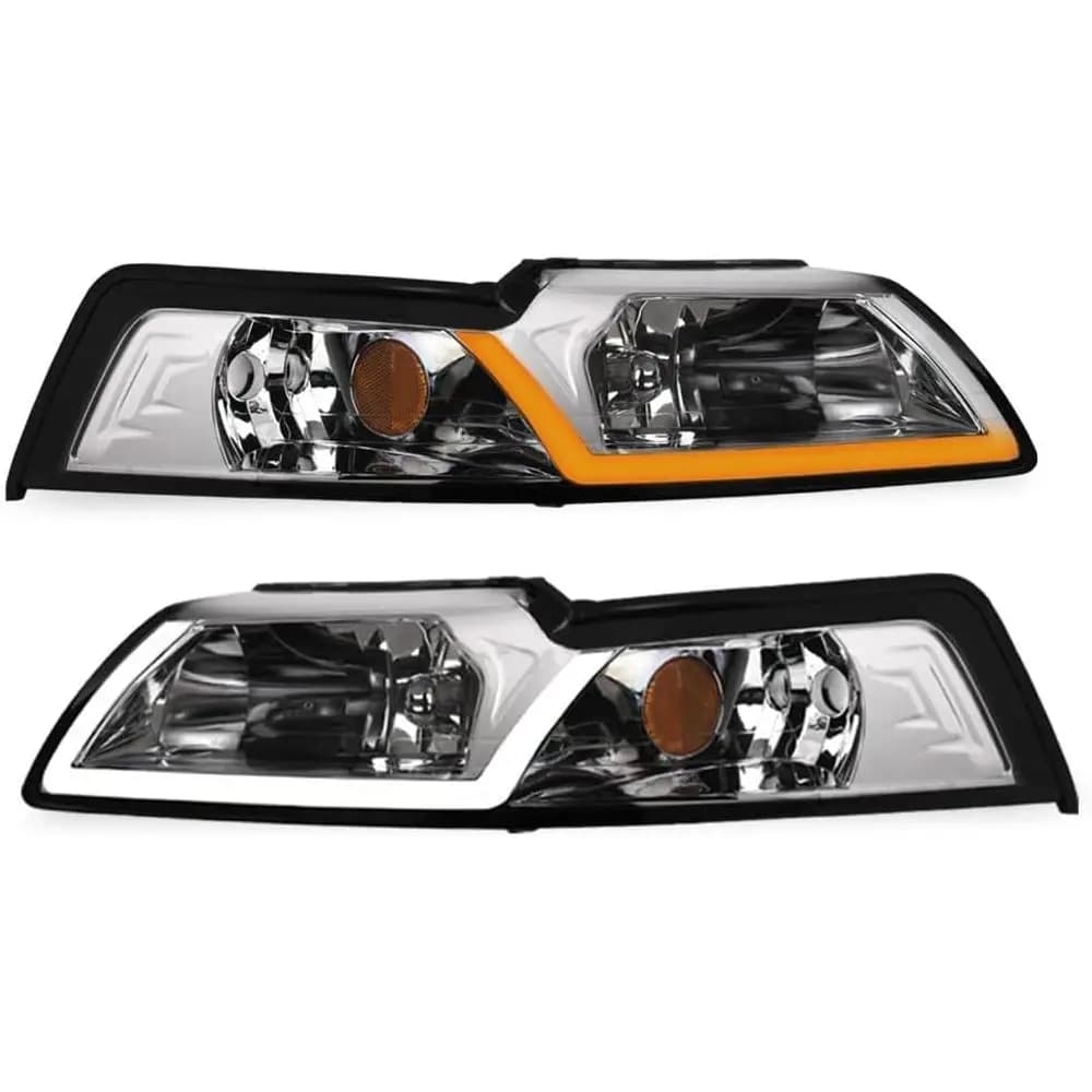 7422440591543 Compatibile con Ford Mustang 1999-2004, Fari con Striscia LED Sequenziale Switchback, Alloggiamento Cromato con Luce Ambra