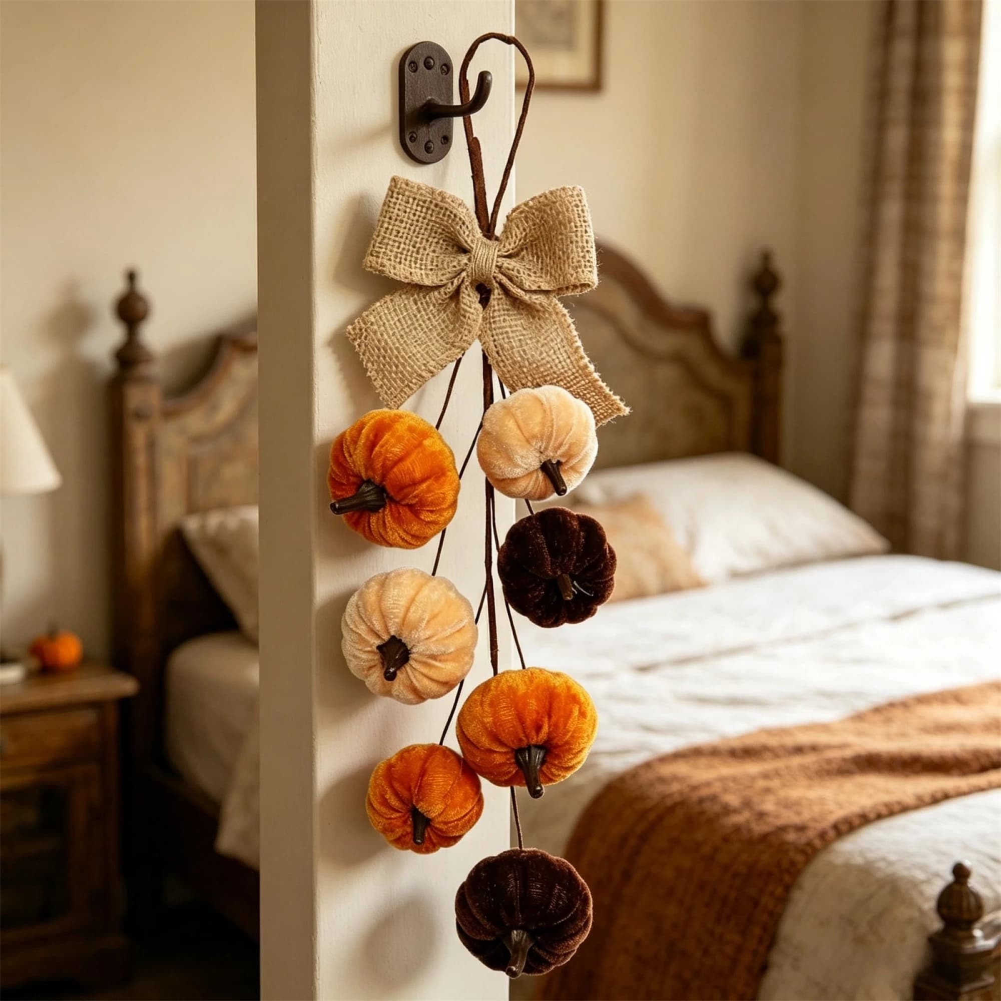 Ghirlande Decorative Autunnali per il Ringraziamento con Zucche Artificiali in Velluto e Fiocco per Porta d'Ingresso, Parete e Decorazione Rustica