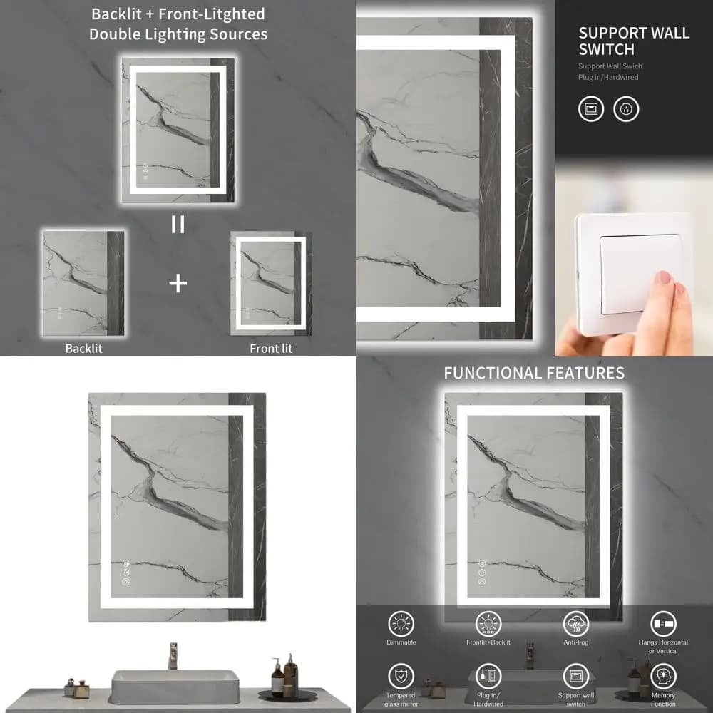 Specchio da Bagno LED Dimmerabile 28x36 con Funzione Antiappannamento, Retroilluminazione e Memoria, Vetro Temperato, Sicuro e Certificato ETL