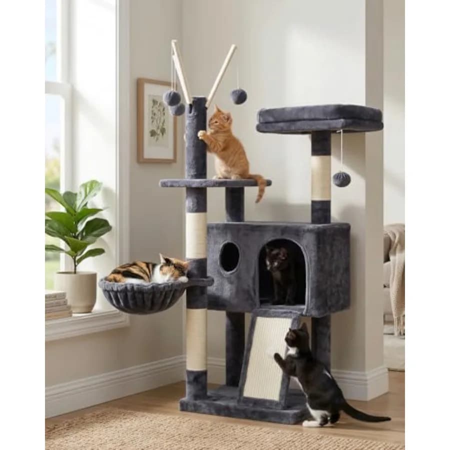 Tiragraffi per Gatti con Giocattoli Rimovibili, Cuccia Accogliente, Piattaforma, Amaca, Tavola in Sisal e Palla per Gattini da Interno