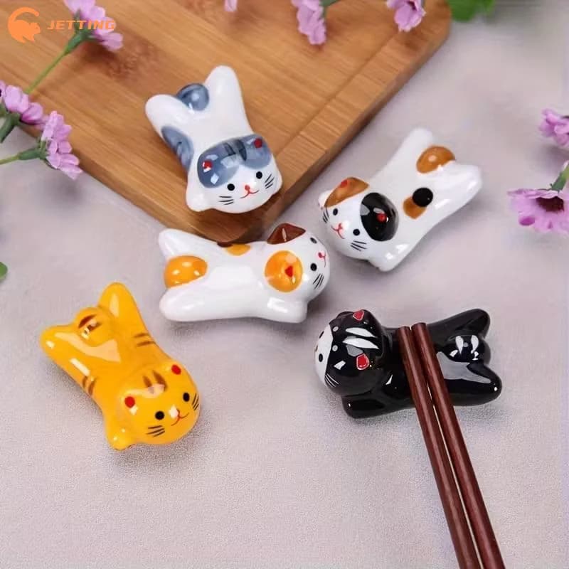 (Nuovo) Set di 5 portabacchette in ceramica Lucky Cat, supporto per utensili da cucina carino e pratico, decorazione da tavola e regalo