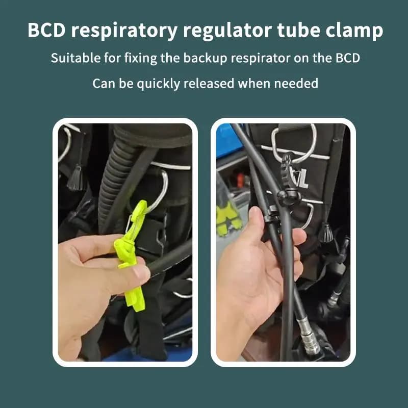 Clip di fissaggio per tubo BCD da immersione, doppio supporto per tubo BCD, clip di fissaggio per regolatore, fibbia a gancio per immersioni e snorkeling, 2 pezzi