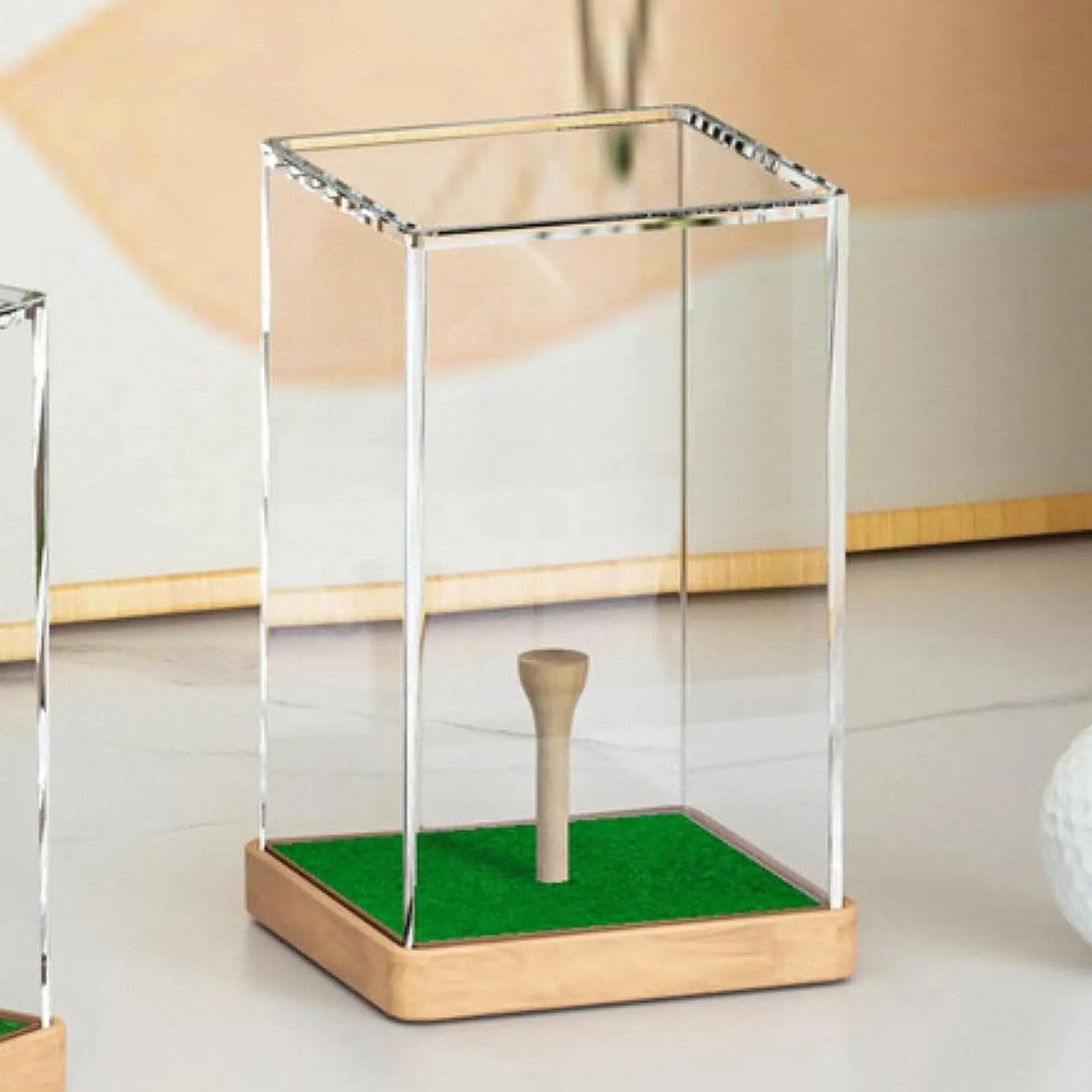 Scatola portaoggetti per vetrina per palline da golf, trasparente, antipolvere, multifunzionale, con base in legno con tee per souvenir, palla singola