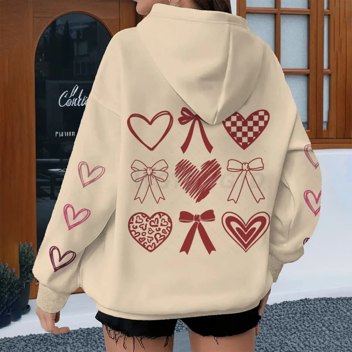 Women's Hoodie with Red Heart Print and Coquette Bow, Valentine's Gift, Vintage Fashion Long Sleeves