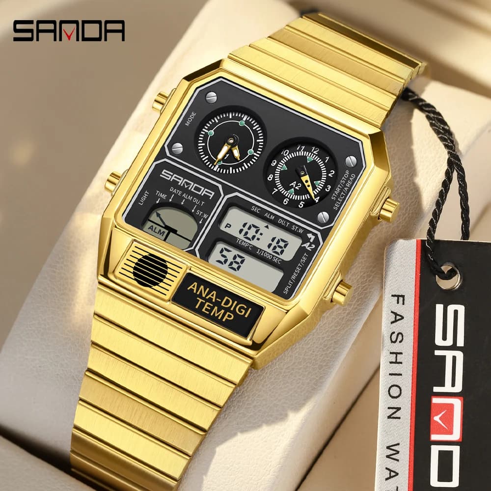 SANDA Orologio da polso digitale quadrato elettronico da uomo Misuratore di temperatura in acciaio inossidabile Cronometro Allarme Calendario Orologio sportivo