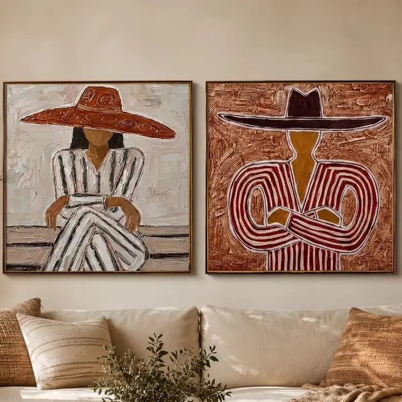 (No frame)The Sienna Pair – Vintage Americana Diptych Sombrero Portrait Painting | Bold Rustic Living Room Art for Bedroom, L