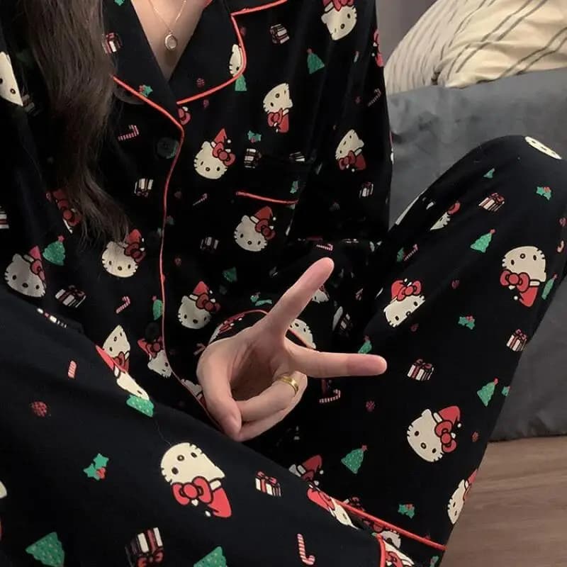 Set pigiama con stampa Hello Kittys per donna Primavera Autunno Pantaloni a maniche lunghe con cartoni animati Indumenti da notte Abbigliamento da casa casual