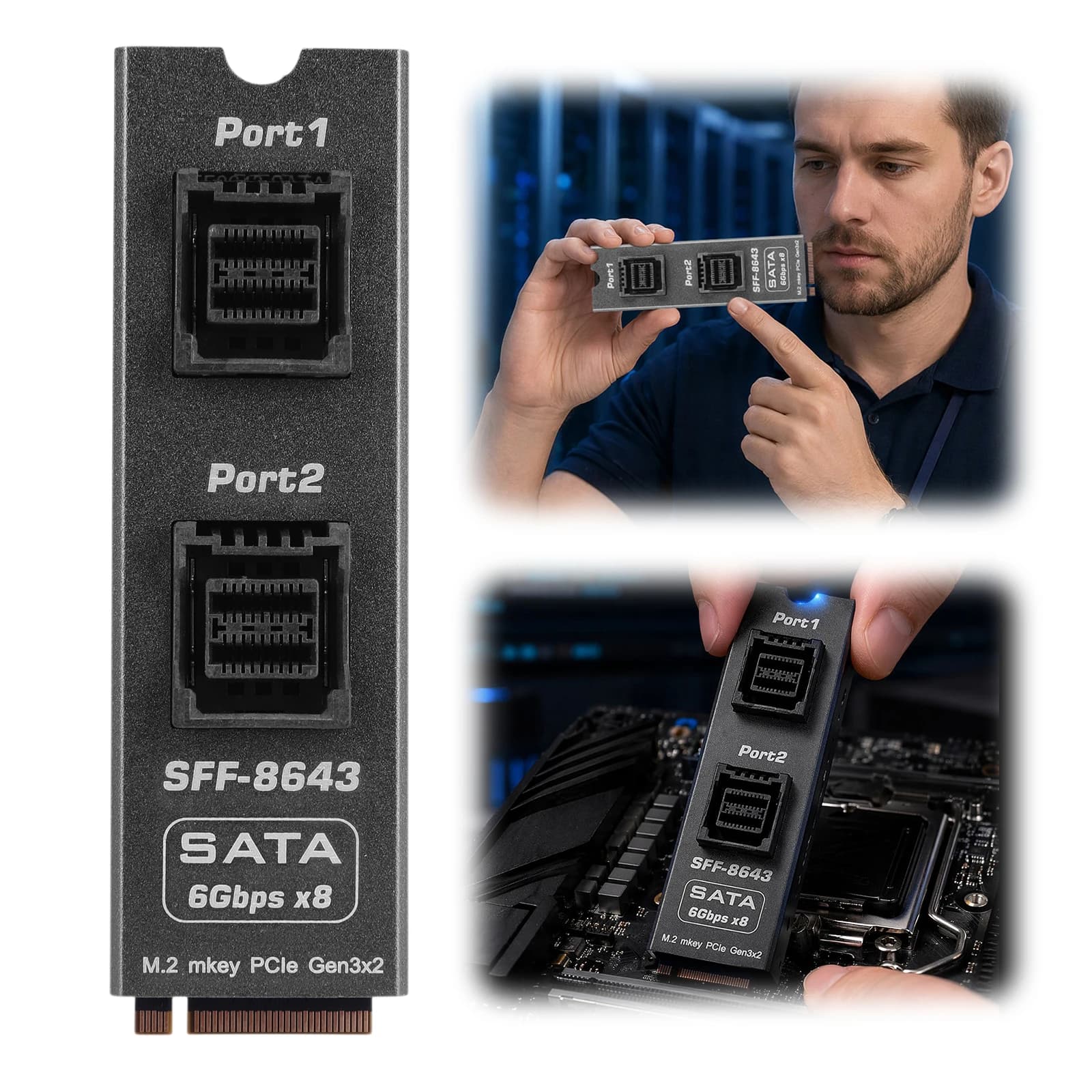 M.2 NVMe to 2xSFF-8643 SATA 6Gbps 8-Bay Hard Drive Expansion Controller Card Aluminum PCB for Desktop Server Storage NAS