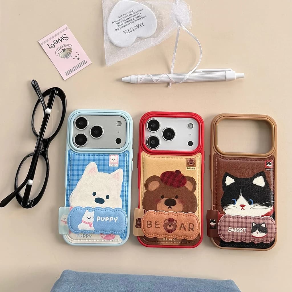 Autunno Inverno Pelle Artificiale Simpatici Animali Del Fumetto Con Supporto Pieghevole Custodia Della Copertura Del Telefono per iPhone 17 16 15 14 13 Pro Max