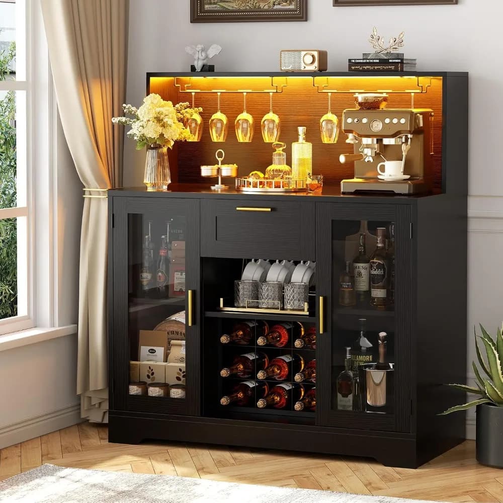 Mobile Bar per Vini con Illuminazione LED, Porta Bicchieri, Cassetto e Ripiani per Casa e Cucina, Nero
