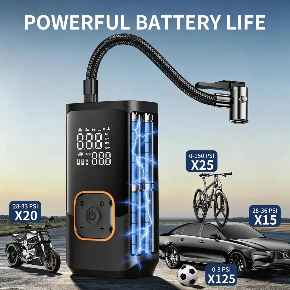 Compressore d'aria portatile YIJU per auto, gonfiatore elettrico senza fili veloce, accessori per veicoli, compressore per pneumatici di moto e biciclette.