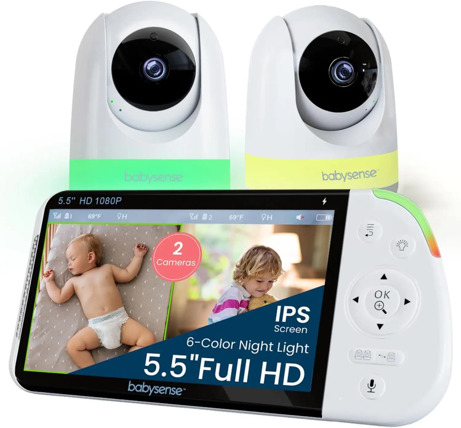 Monitor per Bambini Full HD 5.5" con Schermo Diviso, 2 Telecamere, Luce Notturna, Rumore Bianco, Connessione Sicura Non Wi-Fi