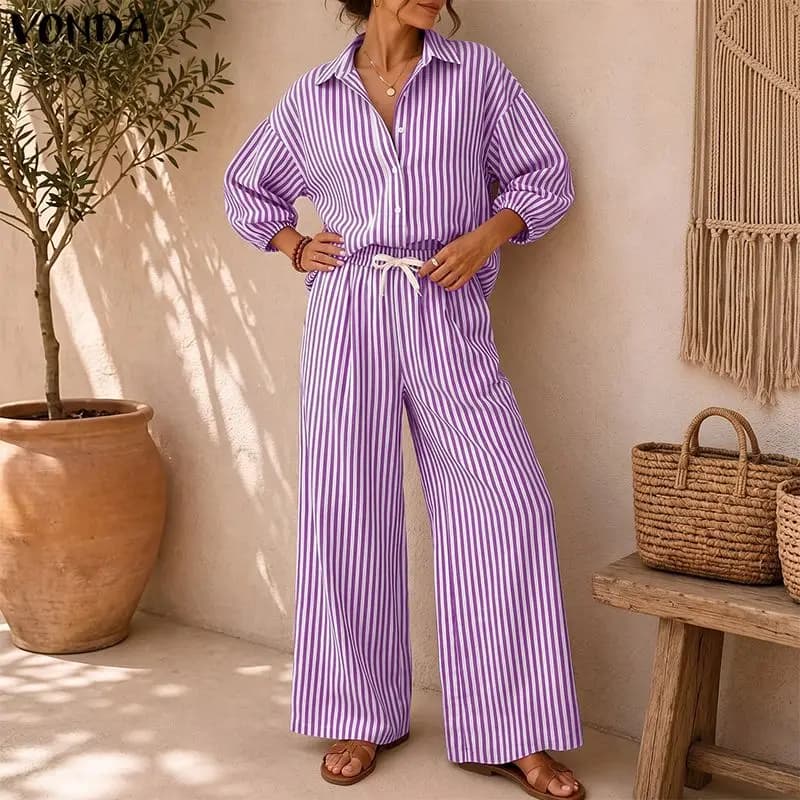 VONDA Women Two Piece Outfit Striped 3/4 Lantern Sleev Lapel V-Neck Blouse Wide Leg Pant Sets Casual Summer Vacation Suits