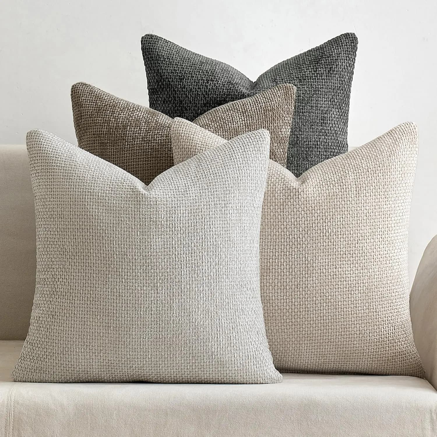 Set di 4 Copricuscini in Ciniglia Morbida Neutra 18x18 Pollici per Arredamento Rustico Boho Moderno, Divano, Camera da Letto, Soggiorno