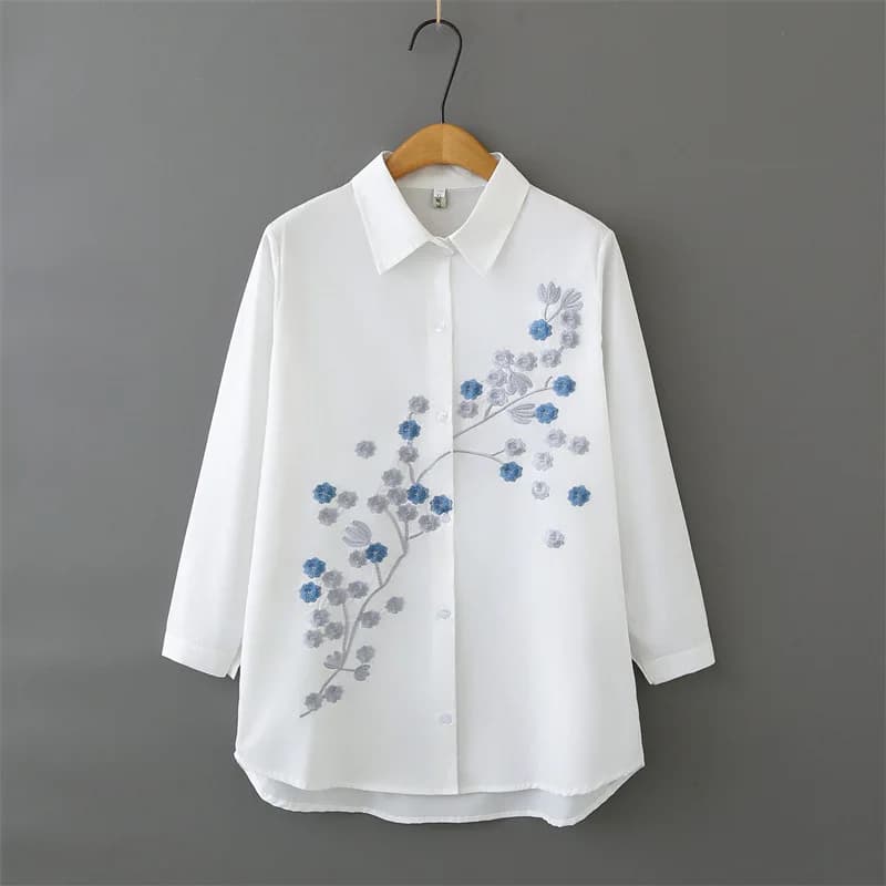 Women's Plus Size Cotton Long Sleeved Shirt with Embroidery, Cardigan Open Front, Versatile Casual Shirt 6606