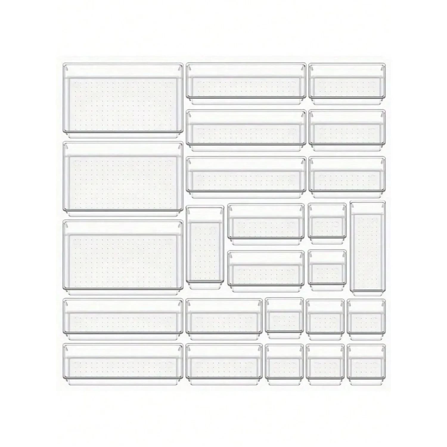 Set di organizer per cassetti in plastica trasparente da 9/25 pezzi, 4 misure, vassoi organizer multifunzionali per bagno e cassettiere, contenitori per trucchi, cucina e ufficio, decorazioni per la casa, decorazioni autunnali, decorazioni per la festa, decorazioni per la stanza, decorazioni per la casa, decorazioni autunnali, decorazioni per la camera da letto