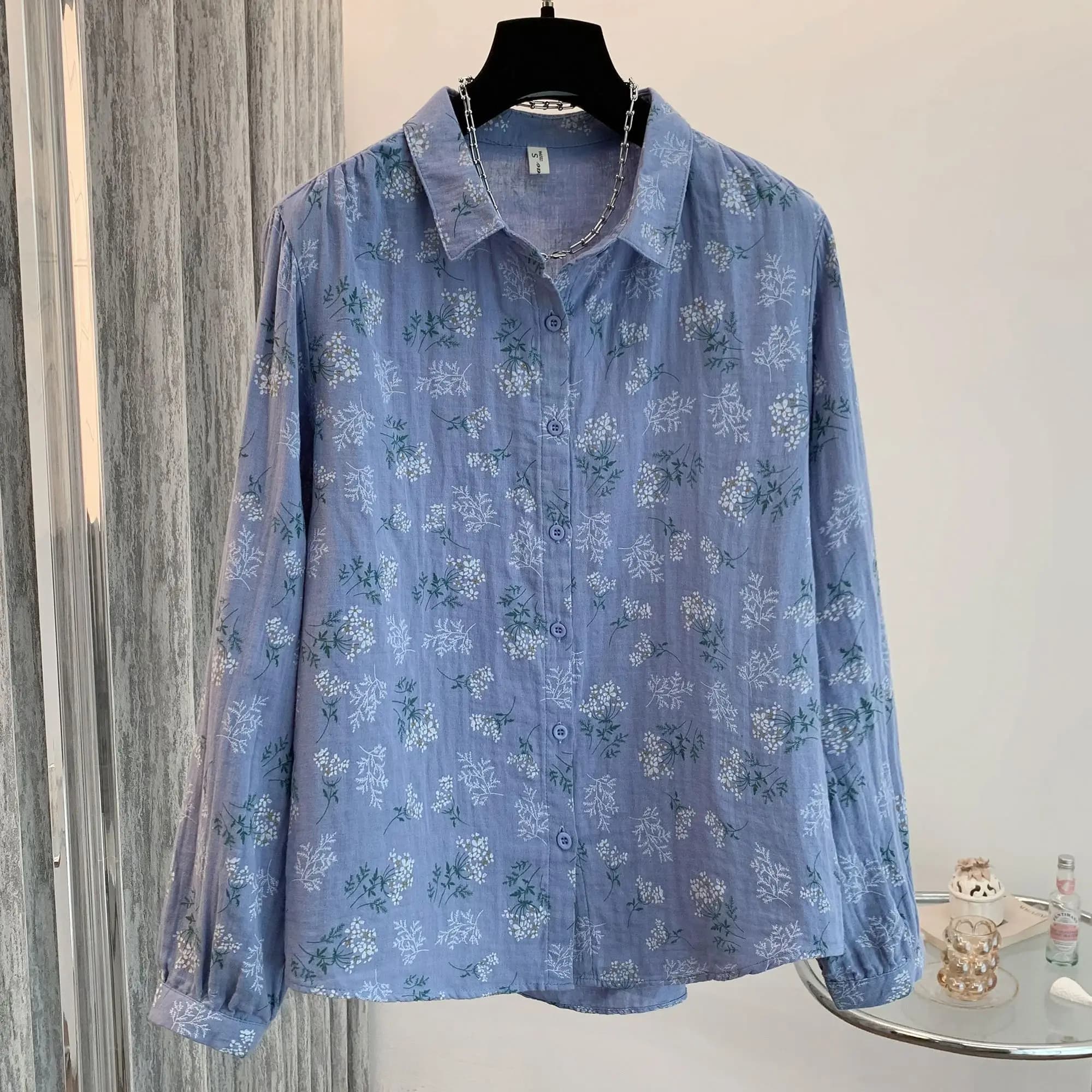 Women Shirt Double-Layer Gauze Pine Needle Print Long Sleeve Blouse Spring Autumn Fresh Casual Commuter Elegant Shirt Top