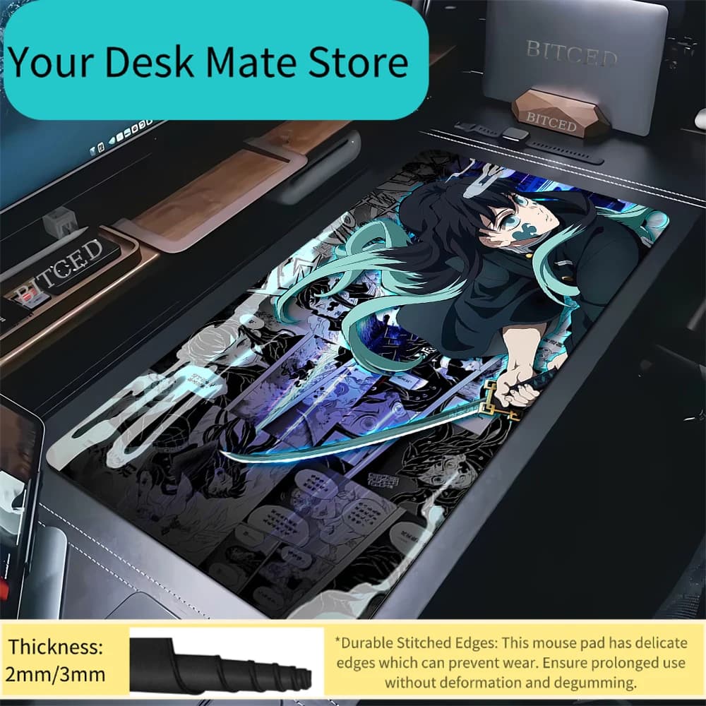 Mouse Mat from Gaming Anime Demon Slayer Muichiro Tokito, Large Anti-slip Desk Mat with Manga Illustrations