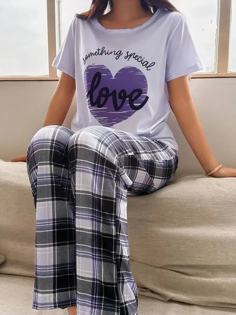 Women Comfortable Letter Print Plaid Pajama Set Sleepwear Lounge Wear
