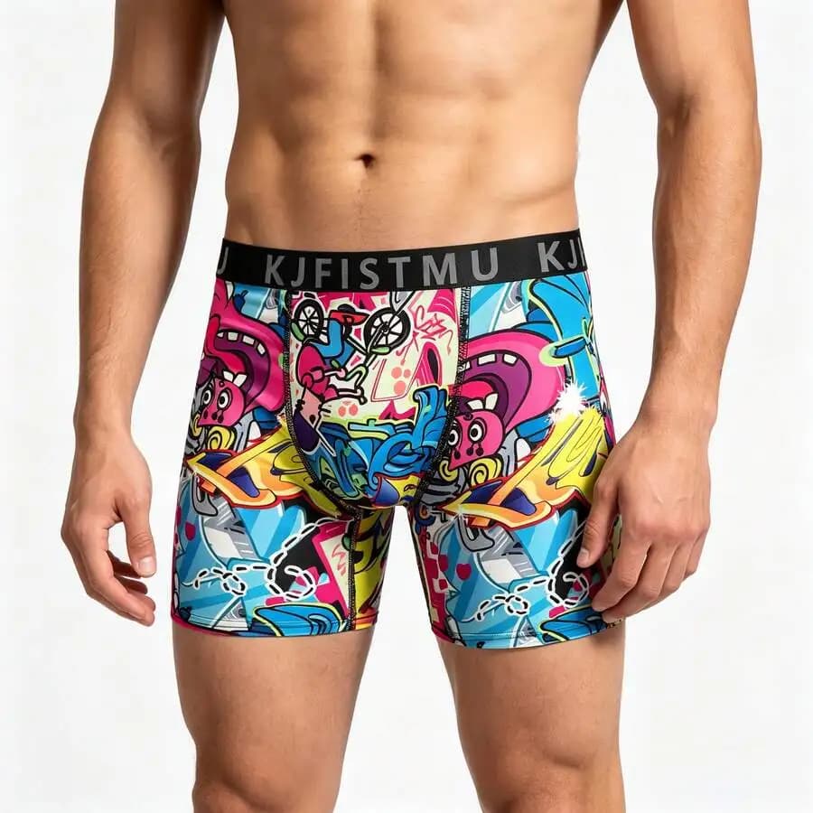 Mens Boxer Briefs Breathable Comfortable Elastic Sport Underwear Graffiti Print