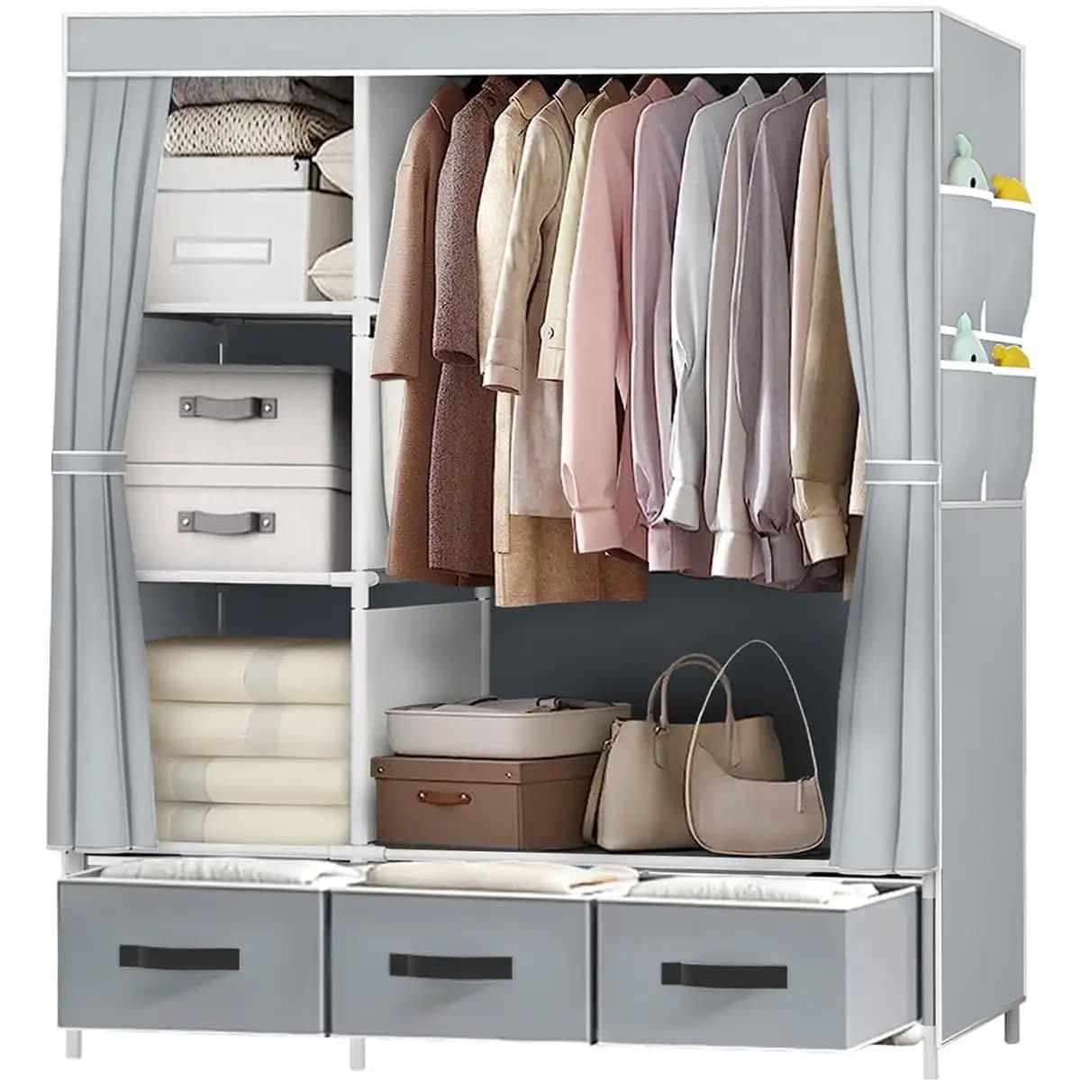 Nuovo aggiornamento Organizzatore di vestiti per guardaroba portatile per armadio per vestiti per camera da letto di casa con 3 cassetti 4 ripiani per riporre vestiti Grigio