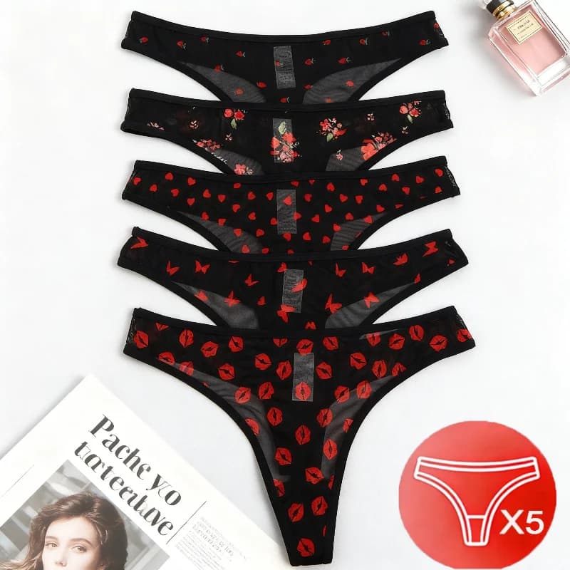 5 pieces of black sexy low-rise thong underwear, heart-shaped patterned comfortable close-fitting bikini-style swimming trunks,