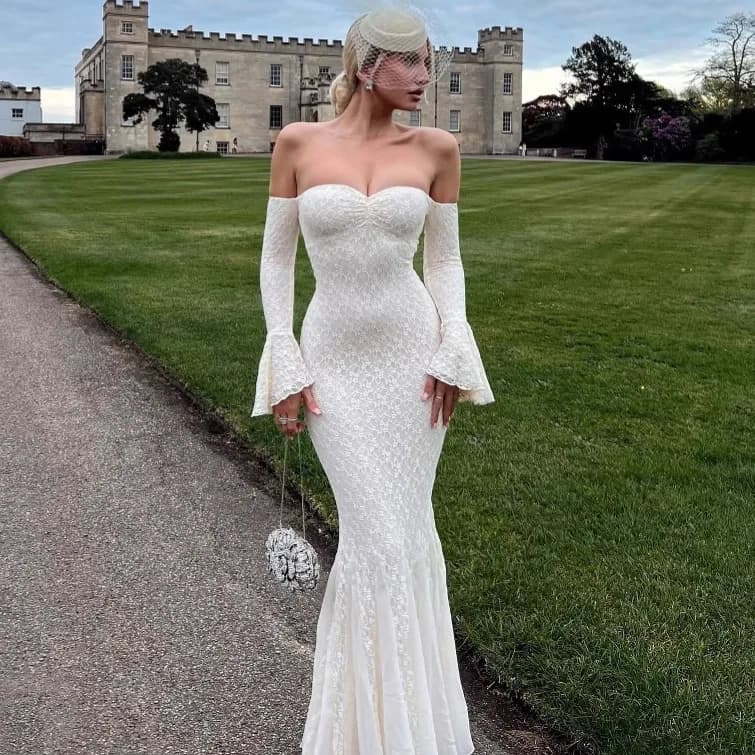 Abito lungo estivo sexy monospalla da donna, elegante in jacquard e pizzo, per feste, alla moda, aderente, con maniche svasate