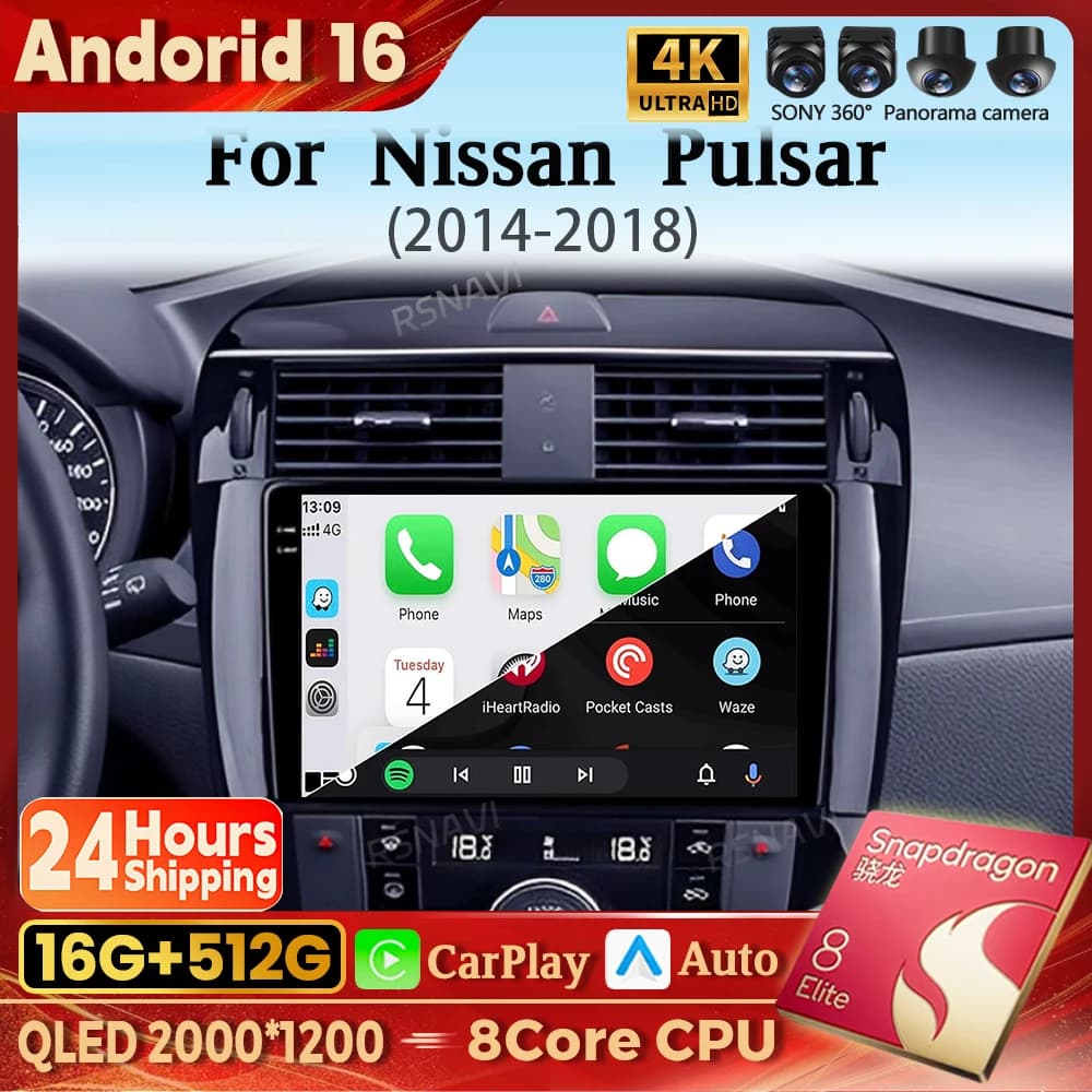 Autoradio Android 16 Carplay Auto Qualcomm con schermo QLED 2K per Nissan Pulsar 2013-2018, GPS, Stereo, Wifi, Bluetooth, Navigazione 4G