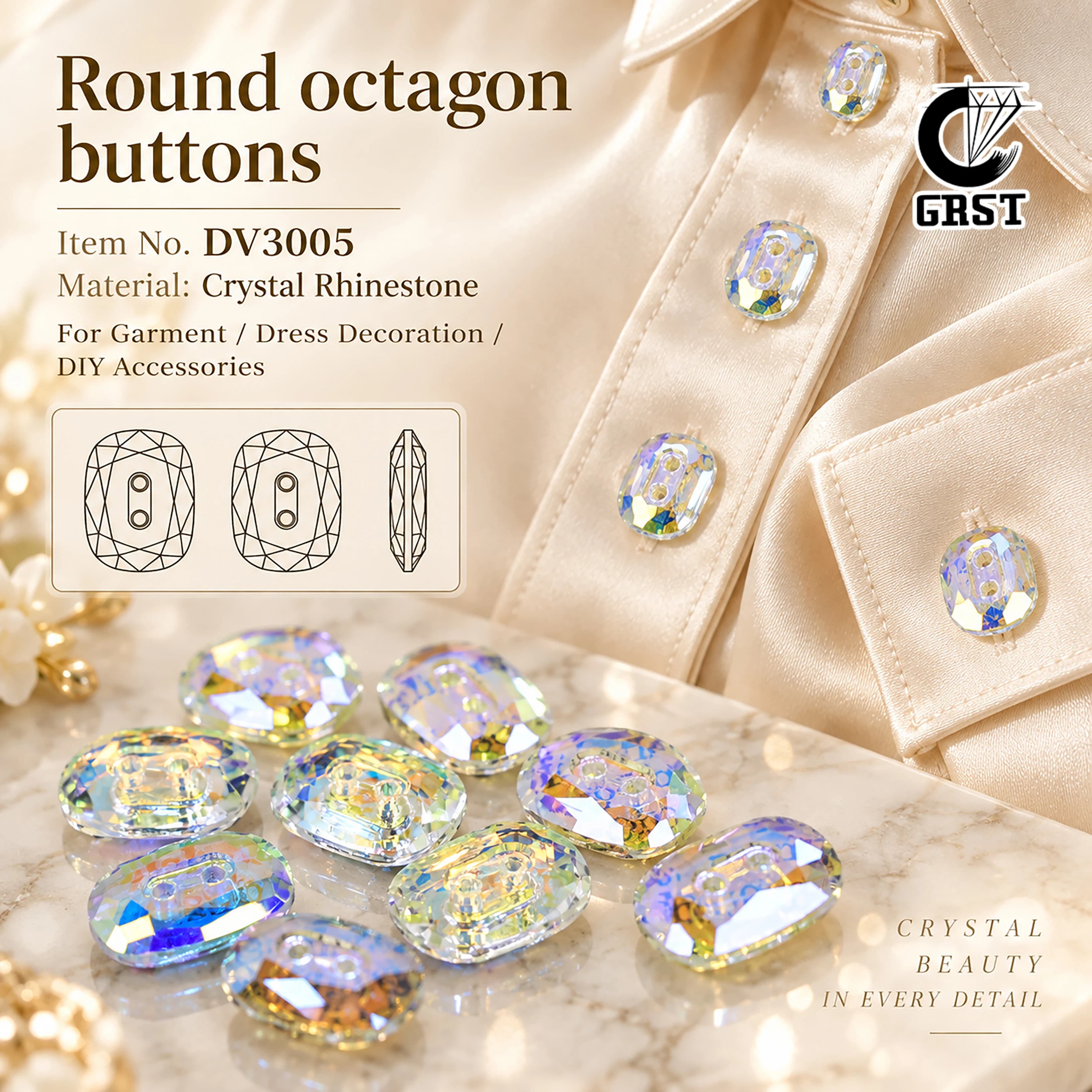 2 Hole Round Octagon ButtonsCrystal Rhinestone Sew-on Flatback for Clothing Coat Cardigan Dress Bag Shoes DIY Sewing Garment