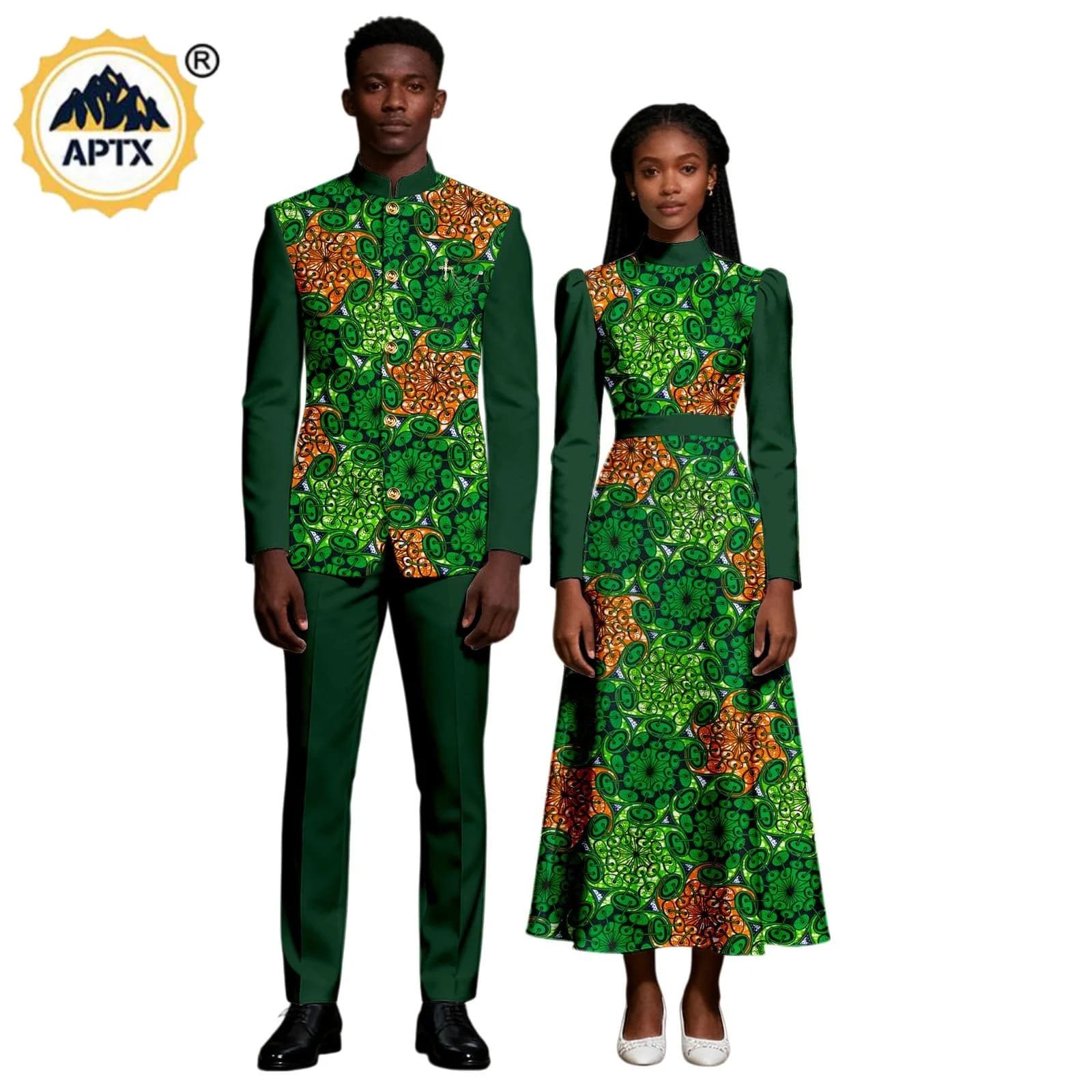 African Print Dresses for Women Matching Couple Outfits Vintage African Clothes Dashiki Men Top Jacket Coat and Pant Sets 25C112