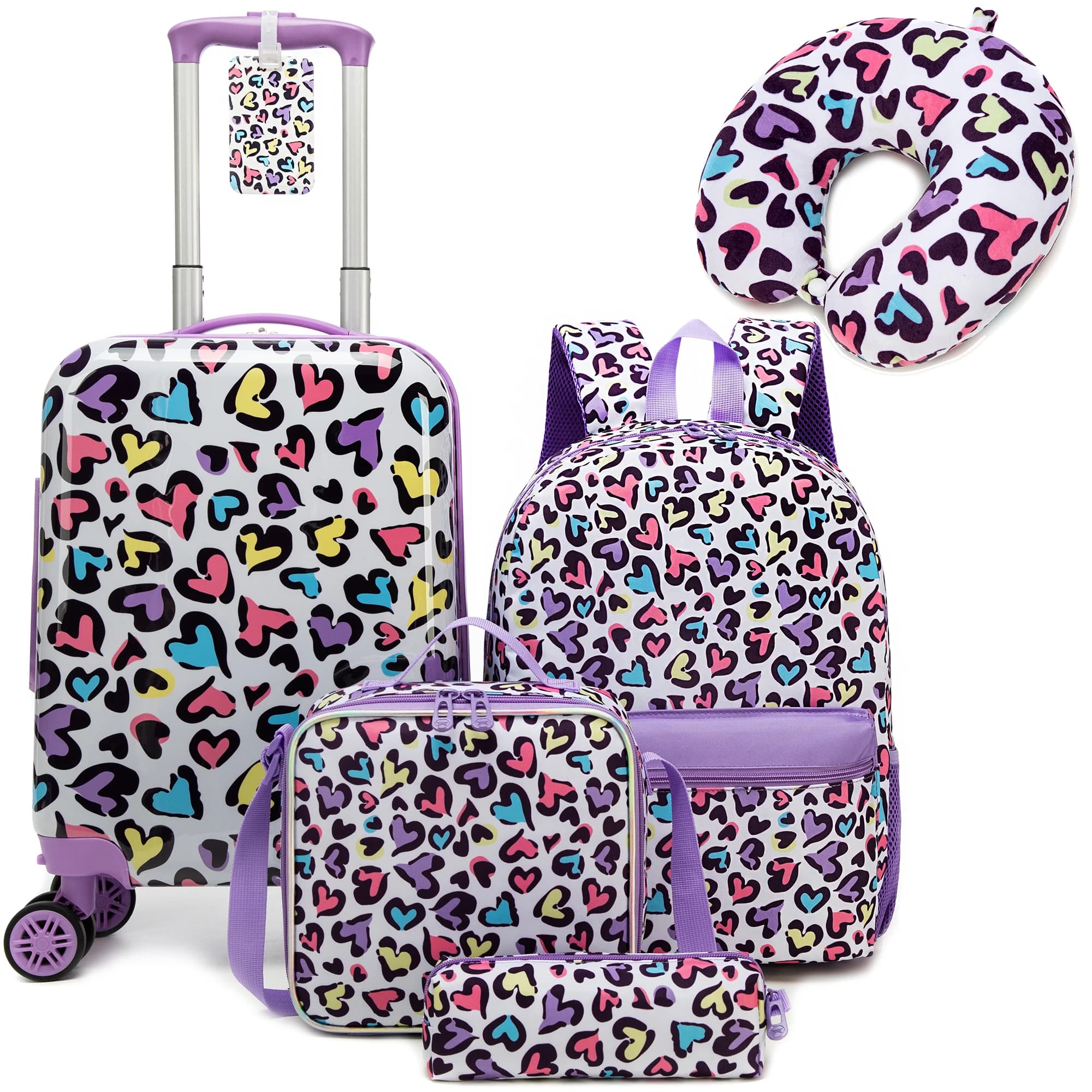 MYHSBYO Kids Luggage with Spinner Wheels 5 Piece Carry on Suitcases for Girls Boys Backpack with Lunch Box Pencil Case 16" Toddler Suitcase Set Airline Approved
