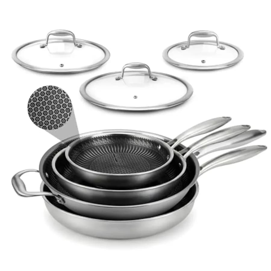 Set di 7 Padelle in Acciaio Inox Tri-Ply Antiaderenti Compatibili con Induzione, Adatte al Forno, Resistenti ai Graffi e Lavabili in Lavastoviglie
