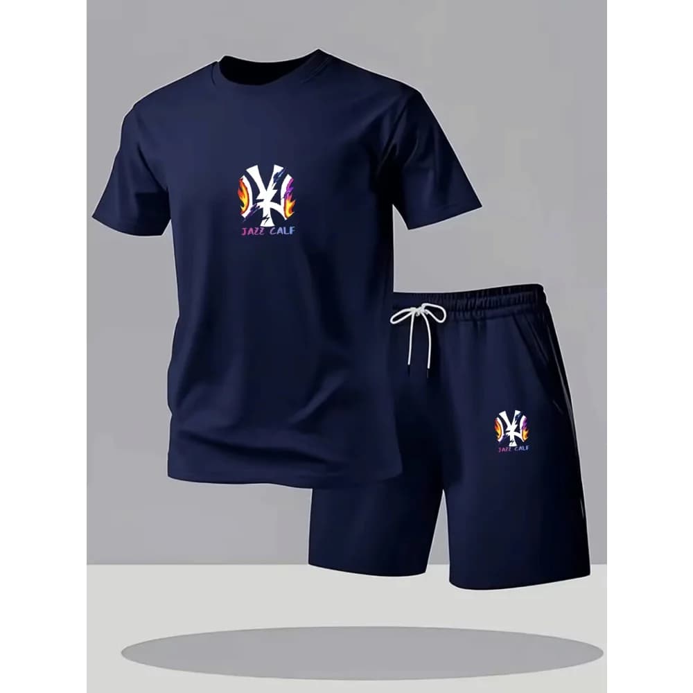 Set Sportivo da Uomo alla Moda, Maglietta a Maniche Corte e Pantaloncini, Completo Sportivo a Collo Tondo, Set 2 Pezzi