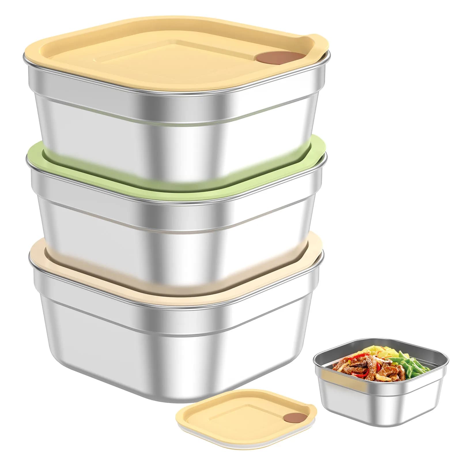 Contenitore per Alimenti in Acciaio Inox a Prova di Perdite con Coperchi in Silicone per Preparazione Pasti, Campeggio, Ufficio, Lavabile in Lavastoviglie