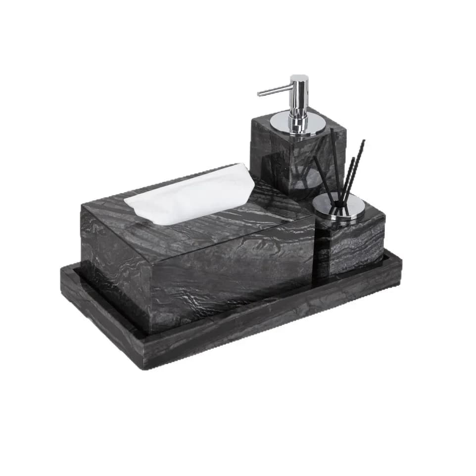 Elegant Marble Stone Bathroom Vanity Set 3-5 Pieces Customizable Soap Dispenser Toothbrush Holder Storage Tray for Upscale Hotel