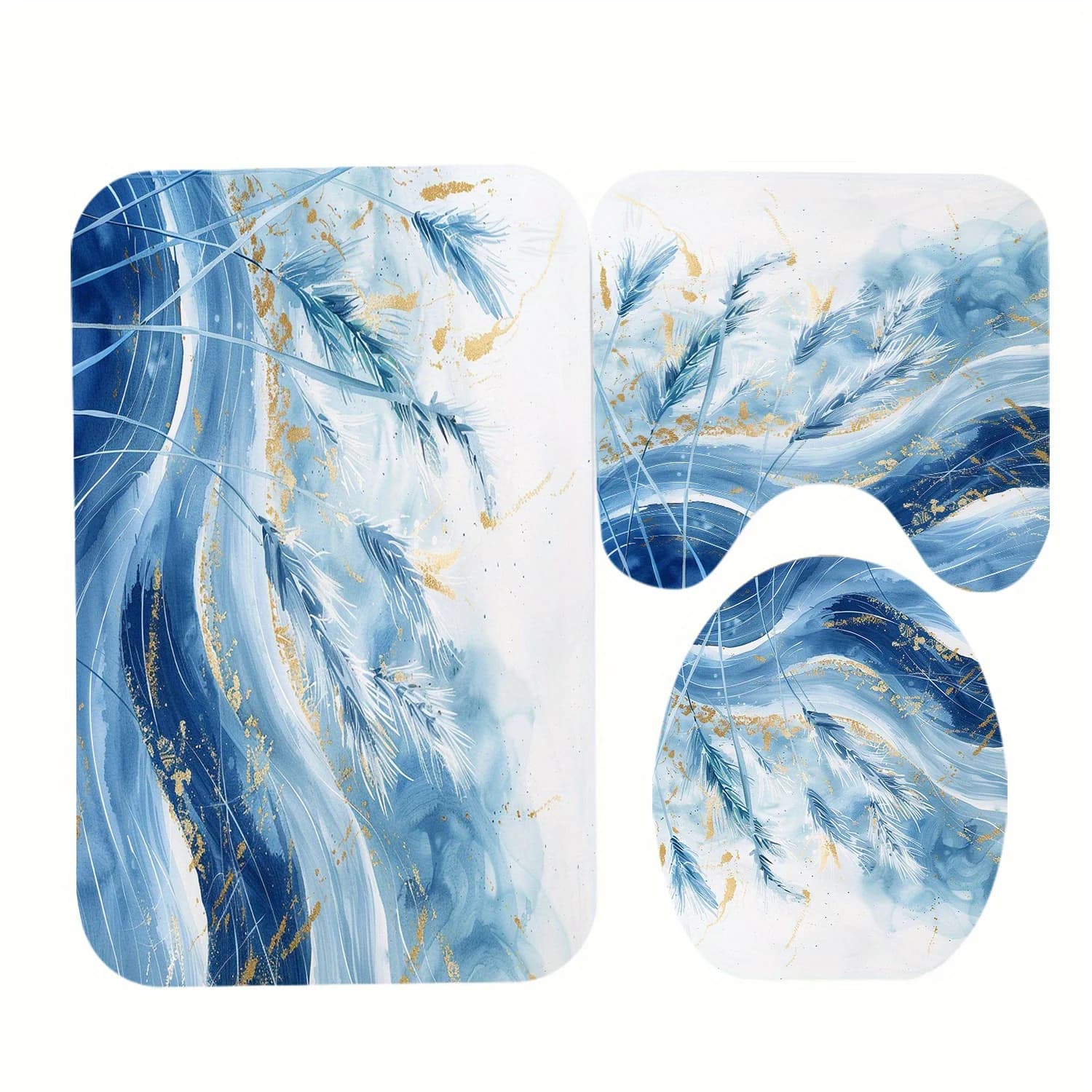 Set da toilette con stampa erba blu da 3 pezzi - Tappetino da bagno in poliestere, tappeto da bagno antiscivolo, copriwater a forma di U e coperchio, arredamento per il bagno